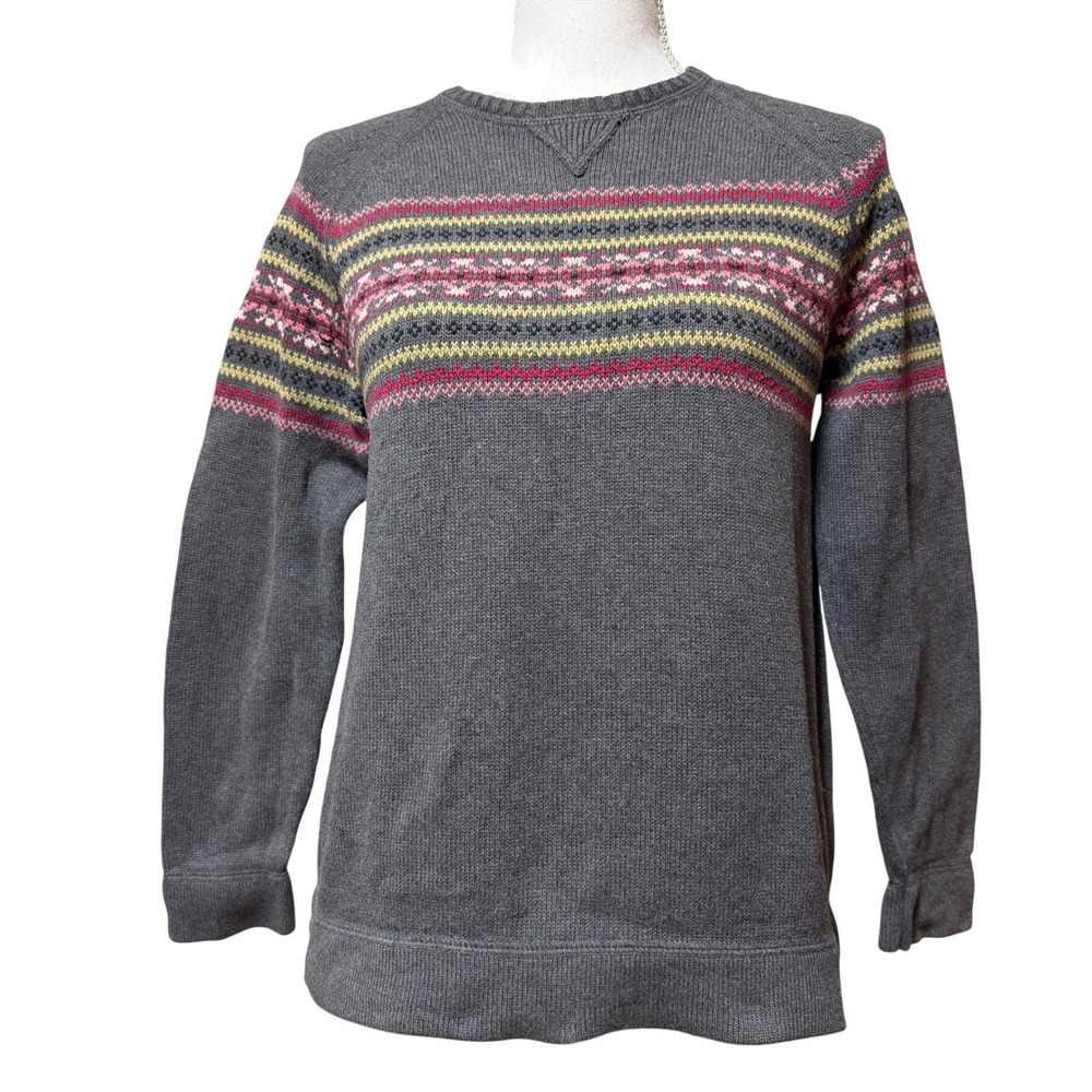Eddie Bauer Vintage Fair‎ Isle Sweater Gray Pink Green Women's Size Petite Small